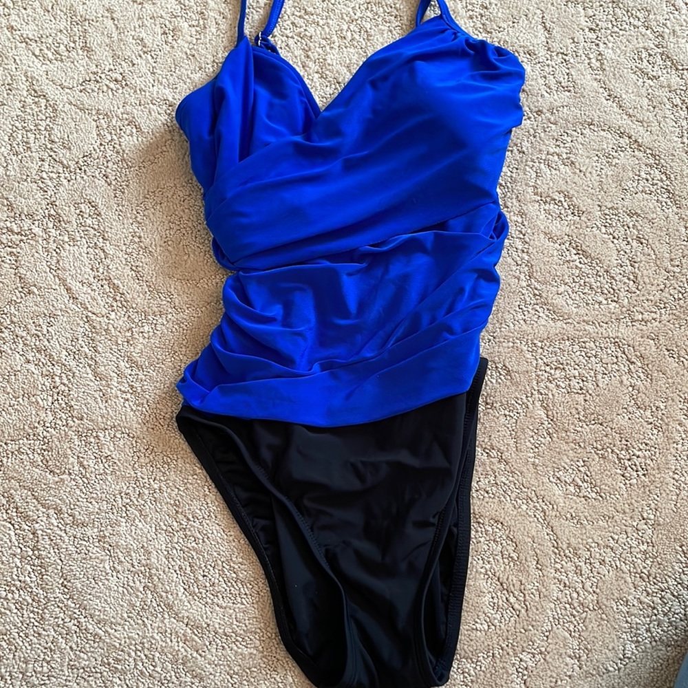 Blue and black one piece bathing suit